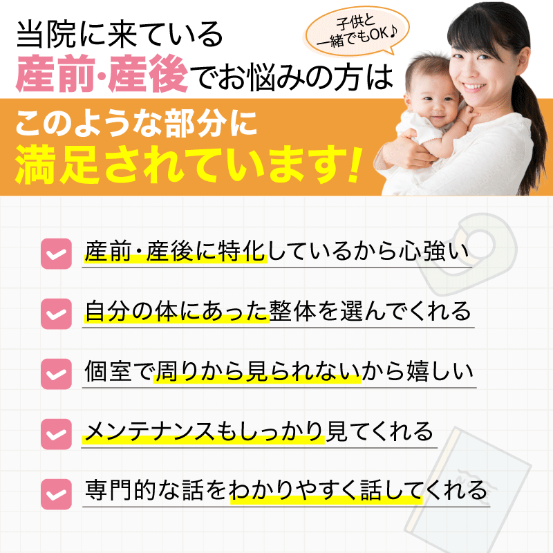 当院に来ている 産前・産後でお悩みの方はこのような部分に満足されています！